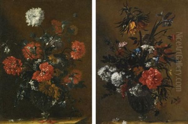 Still Life Of Flowers In A Vase (+ Another; Pair) Oil Painting by Nicolas Baudesson