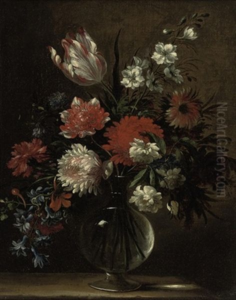 Morning Glory, Tulips, Carnations And Other Flowers In A Glass Vase On A Ledge Oil Painting by Nicolas Baudesson