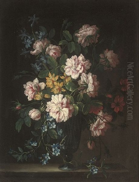 Roses, Aquilegia, Bluebells And Other Flowers In A Glass Vase Oil Painting by Nicolas Baudesson