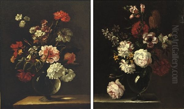 Morning Glory, Chrysanthemums, Roses... (+ Begonias, Roses, Chrysanthemums...; Pair) Oil Painting by Nicolas Baudesson