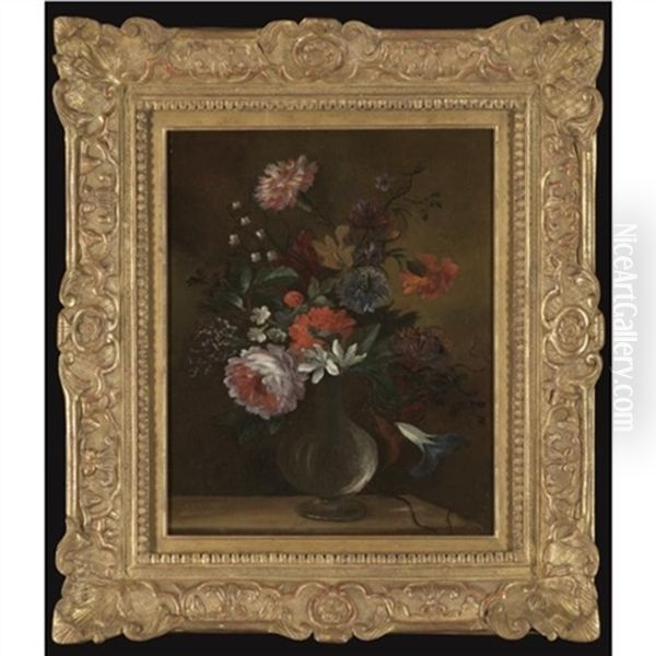 Still Life Of Flowers Including Roses, Carnations And Lily Of The Valley, In A Glass Vase On A Stone Ledge Oil Painting by Nicolas Baudesson