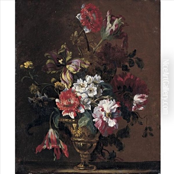 A Still Life With Parrot Tulips, Carnations And Other Flowers In An Urn On A Stone Ledge Oil Painting by Nicolas Baudesson