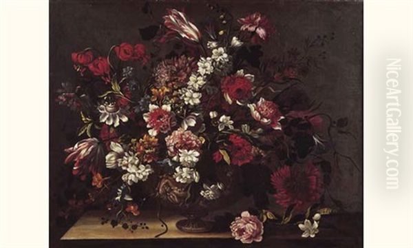 Bouquet De Fleurs Dans Un Vase Sculpte Oil Painting by Nicolas Baudesson