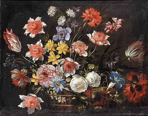 Still Life With Carnations, Tulips And Various Other Flowers In A Basket On A Stone Ledge Oil Painting by Nicolas Baudesson