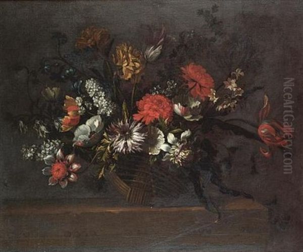 Tulips, Chrysanthemums, Poppies, Delphiniums And Other Flowers In A Wicker Basket On A Stone Ledge Oil Painting by Nicolas Baudesson