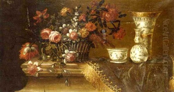 Corbeille De Fleurs, Vases, Tasse Et Tapis Sur Un Entablement by Nicolas Baudesson