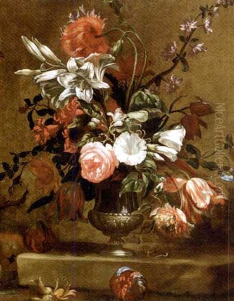 Peonies, Campanulae, Madonna Lilies And Other Flowers In An Urn On A Stone Ledge Oil Painting by Nicolas Baudesson