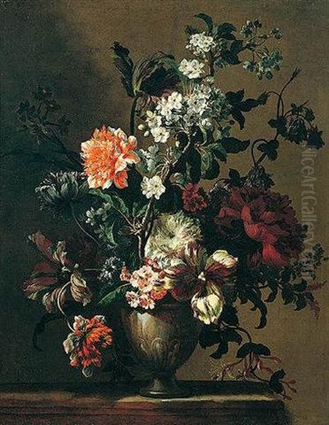 Still Life Of Chrysanthemums, Tulips, Honeysuckle And Orange Blossom In A Stone Vase, Arranged Upon A Ledge Oil Painting by Nicolas Baudesson