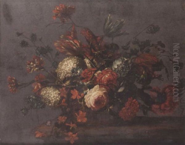 Roses, Carnations, Peonies, Tulips, Morning Glory And Other Flowers On A Basket On A Ledge Oil Painting by Nicolas Baudesson