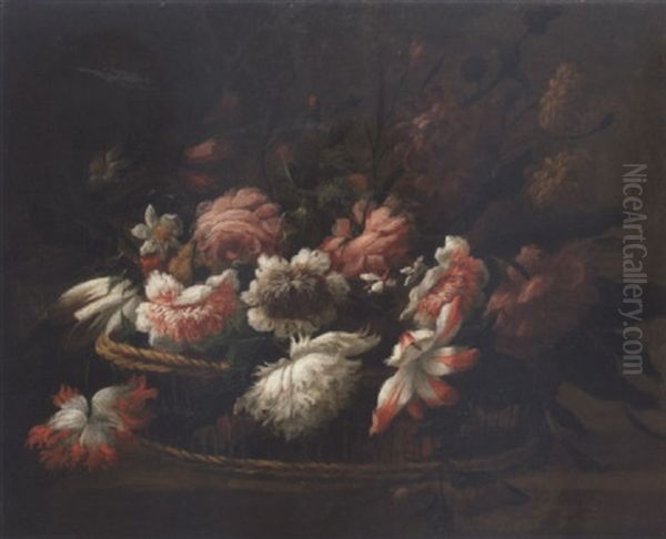 Roses, Tulips, And Other Flowers In A Basket On A Ledge Oil Painting by Nicolas Baudesson