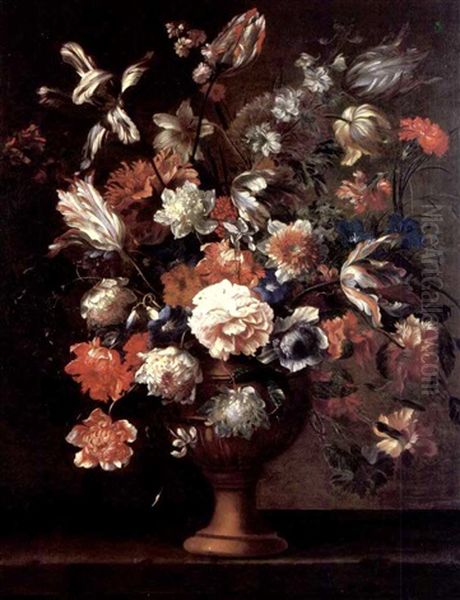 Carnations, Tulips, Roses, Poppy, Anemones And Peonies And Various Other Flowers In A Bronze Vessel On A Ledge Oil Painting by Nicolas Baudesson