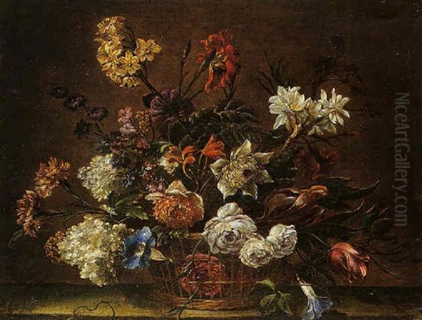 Nature Morte Au Panier De Fleurs Sur Un Entablement Oil Painting by Nicolas Baudesson