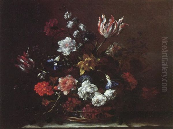 A Still Life Of Parrot Tulips Convolulus, Peonies And Other Flowers In A Basket On A Stone Ledge Oil Painting by Nicolas Baudesson