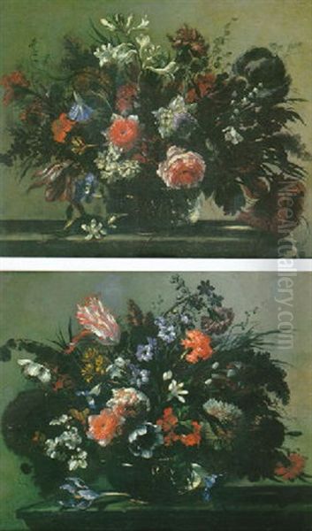 Nature Morte Au Bouquet De Fleurs Dans Une Vase En Verre Sur Un Entablement Oil Painting by Nicolas Baudesson