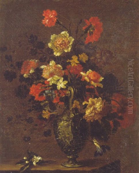 Roses, Carnations, Morning Glory And Other Flowers In A Scuplted Urn On A Ledge Oil Painting by Nicolas Baudesson