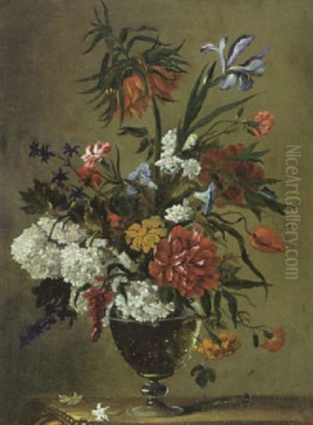 Blumenstilleben Mit Konigskrone, Schneeballen, Lilie, Nelke, Tulpe, Jasmin Und Andere Bluten In Bauchiger Glasvase Oil Painting by Nicolas Baudesson