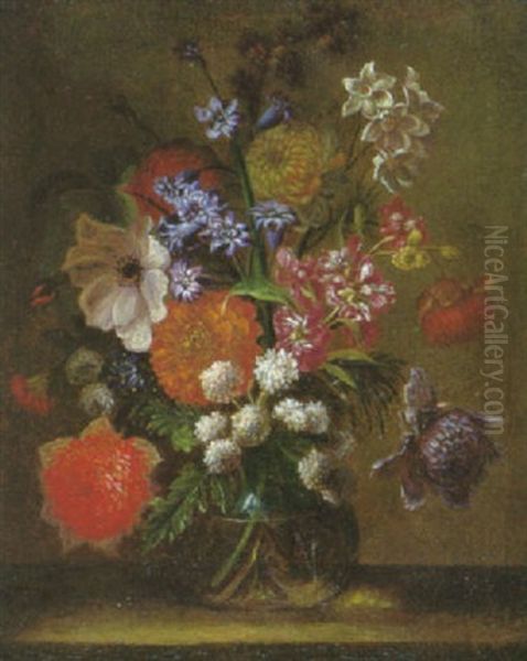 Blumenstilleben Mit Schneeballen, Narzissen, Rosen Und Andere Bluten In Einer Bauchigen Glasvase Oil Painting by Nicolas Baudesson