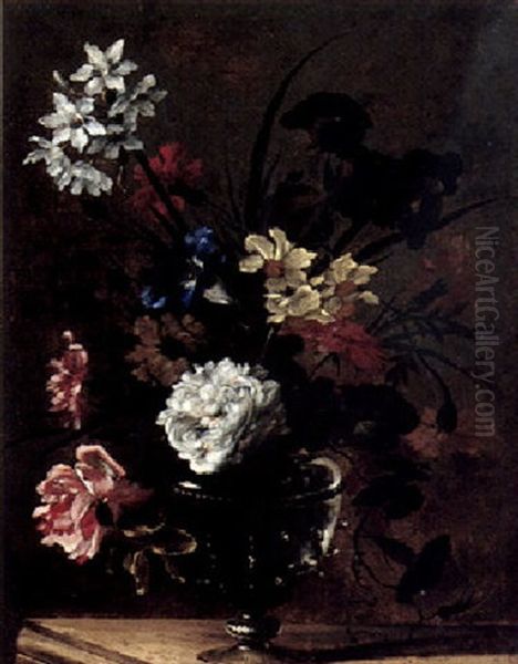 Still Life Of Various Flowers In A Glass Vase, On A Stone Ledge Oil Painting by Nicolas Baudesson