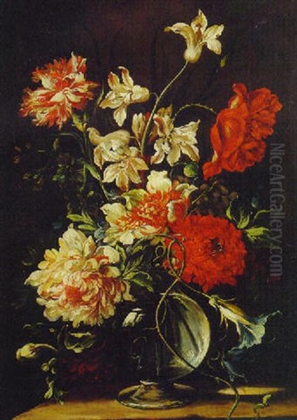 Morning Glory, Chrysanthemums, Amaryllis And Carnations In A Glass Vase On A Ledge Oil Painting by Nicolas Baudesson