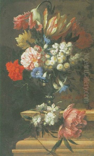 A Still Life Of Carnations, Peonies, Tulips And Other Flowers In A Glass Vase On A Stone Ledge Oil Painting by Nicolas Baudesson