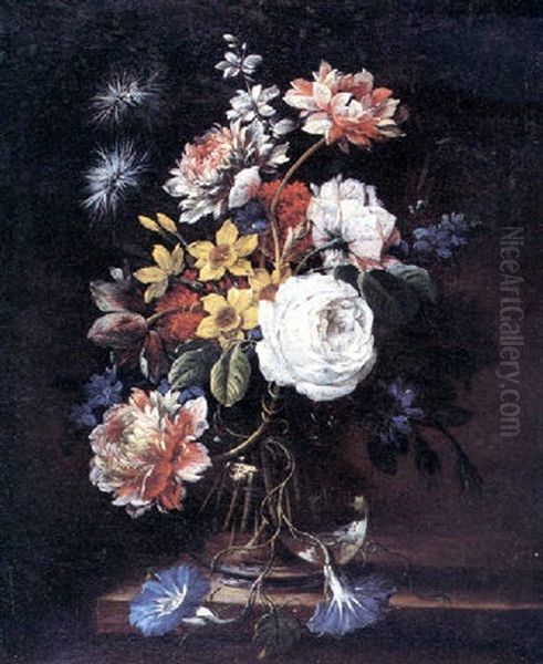 A Still Life Of Roses, Narcissi, Convulvulus And Other Flowers In A Glass Vase On A Stone Ledge Oil Painting by Nicolas Baudesson