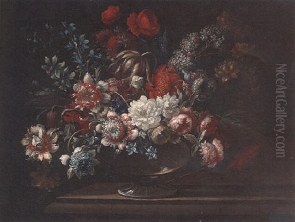 Peonies, Tulips, Poppies, And Other Flowers In A Glass Vase On A Ledge Oil Painting by Nicolas Baudesson