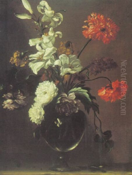 Still Life Of Lilies And Other Flowers In A Glass Vase, On A Stone Ledge Oil Painting by Nicolas Baudesson