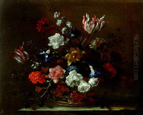 Roses, Parrot Tulips, Carnations, And Other Flowers In A Basket On A Ledge Oil Painting by Nicolas Baudesson