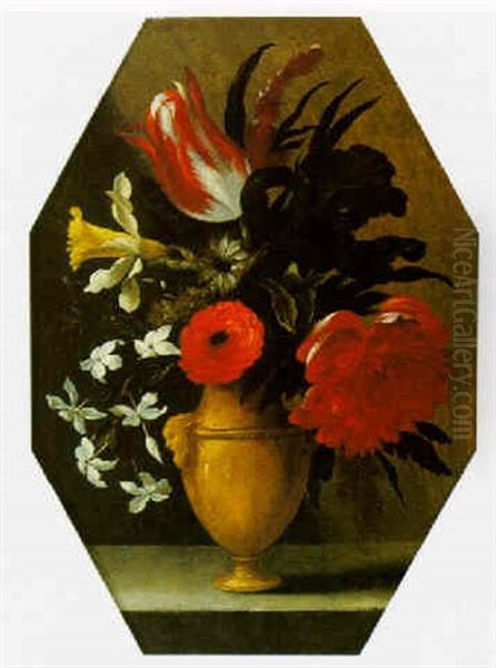 A Still Life Of Flowers In A Vase On A Ledge Oil Painting by Nicolas Baudesson