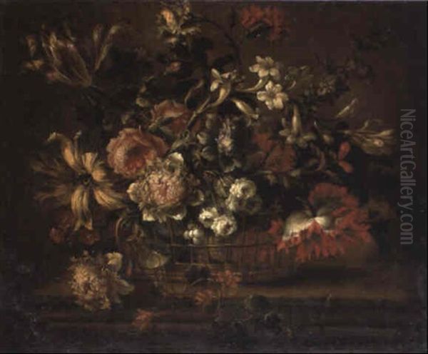 A Basket Of Flowers On A Ledge Oil Painting by Nicolas Baudesson