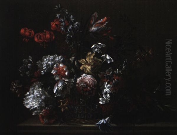 Corbeille De Fleurs Sur Un Entablement De Pierre Oil Painting by Nicolas Baudesson