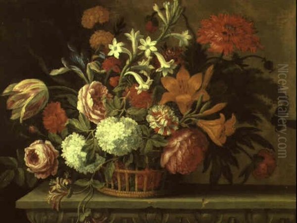 Still Life With Tulips And Other Flowers In A Basket On A Stone Ledge Oil Painting by Nicolas Baudesson