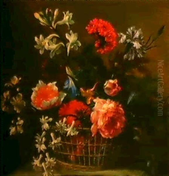 Ein Blumenstrauss In Einem Geflochtenen Korb Auf Einer      Steinplatte Oil Painting by Nicolas Baudesson