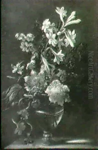 Bouquet De Fleurs Dans Un Vase En Verre Sur Un Entablement Oil Painting by Nicolas Baudesson