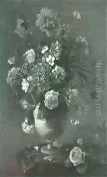 Blumenstilleben. Rosen, Akeleinelken Und Andere Bluten In   Einer Balustervase Auf Einem Marmorsockel. Oil Painting by Nicolas Baudesson