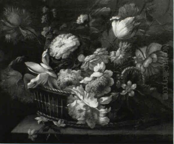 Still Life Of Flowers In A Basket On A Ledge Oil Painting by Nicolas Baudesson