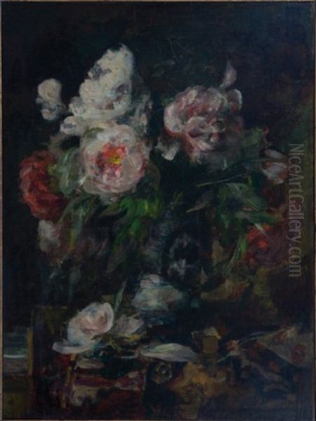 Bouquet De Fleurs Sur Un Entablement Oil Painting by Eugene Baudin