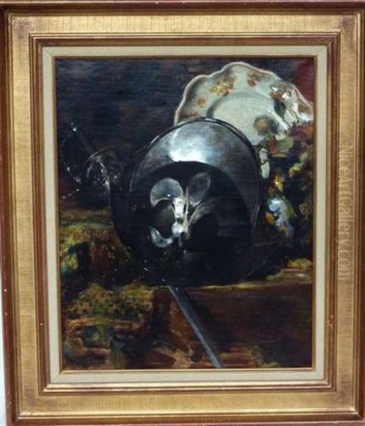 Nature Morte Au Casque Et A L'epee Sur Un Entablement Oil Painting by Eugene Baudin