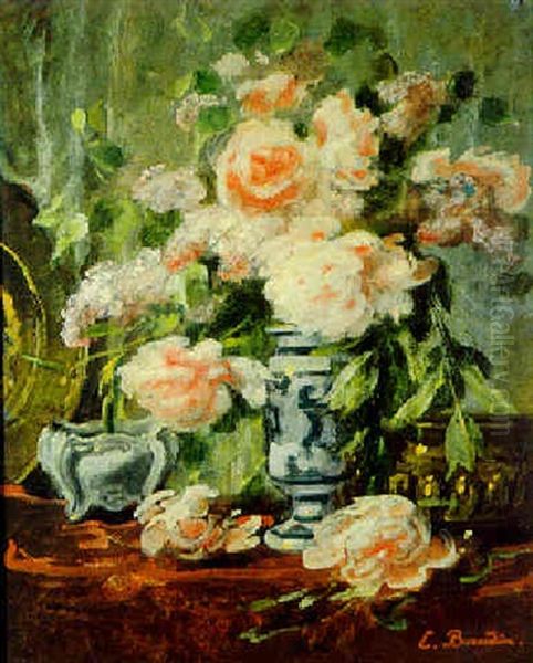 Bouquet De Pivoines Et Lilas, A La Coupe Et Au Plat Oil Painting by Eugene Baudin