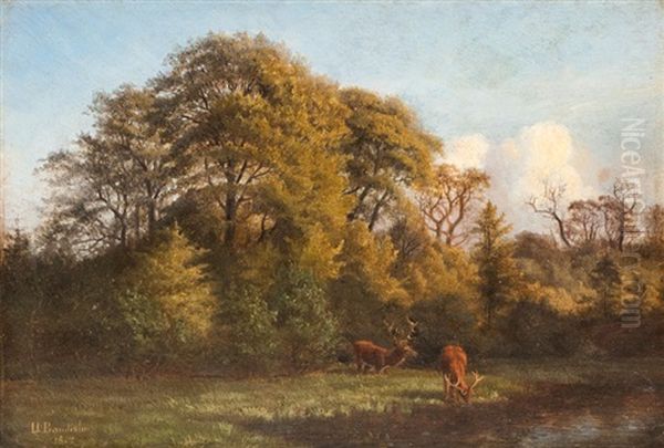 Deers By The Edge Of The Wood Oil Painting by Ulrich Baudissin