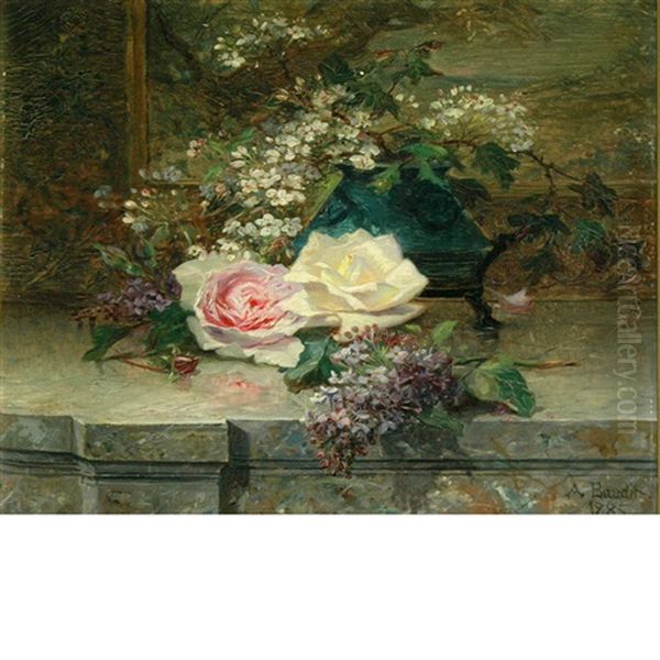 Still Life Of Cherry Blossoms, Roses And Lilacs On A Ledge Oil Painting by Amedee Baudit