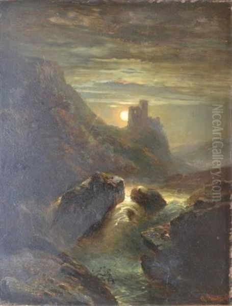 Torrent Et Chateau Au Clair De Lune Oil Painting by Amedee Baudit