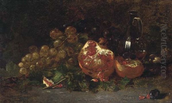 Pomegranates, Grapes And A Carafe Of Wine On A Mossy Bank Oil Painting by Amedee Baudit