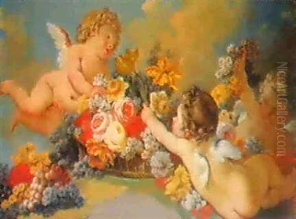 Tre Putti Alati Con Fiori E Frutta Oil Painting by Pierre Antoine Baudouin