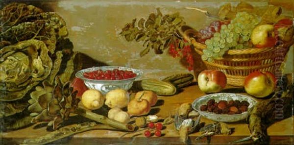 Bowls Of Cherries And Blackberries, Other Fruit, Vegetables And Dead Birds On A Table Oil Painting by Robert Willemsz. de Baudous