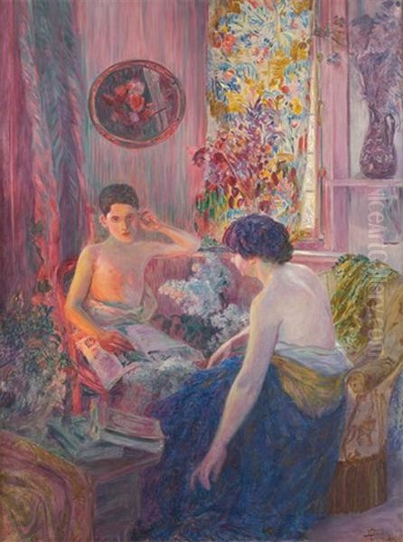 Conversation Dans Un Interieur Fleuri Oil Painting by Raphael Bauduin