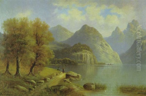 Alpensee Mit Anglern In Verhangener Herbstsonne Oil Painting by Auguste Felix Bauer