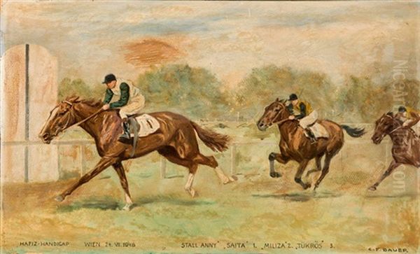 A Horse Race Oil Painting by Carl Franz Bauer