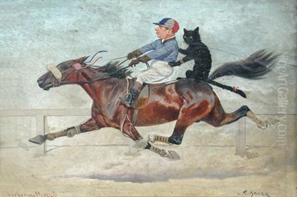 Aschermittwock (ash Wednesday) - A Bay Racehorse With Jockey And Cat Up Oil Painting by Carl Franz Bauer