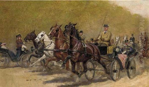 Horse And Traps On The Road Oil Painting by Carl Franz Bauer